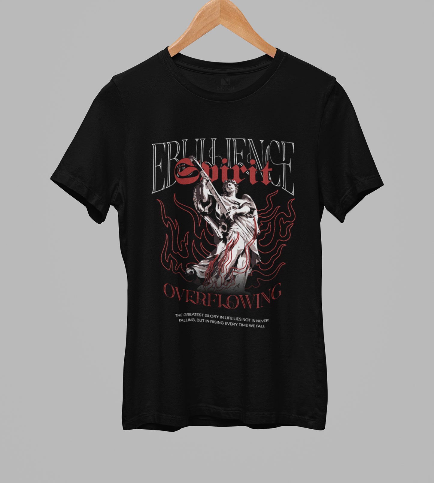 Black t-shirt with graphic design on a gray background