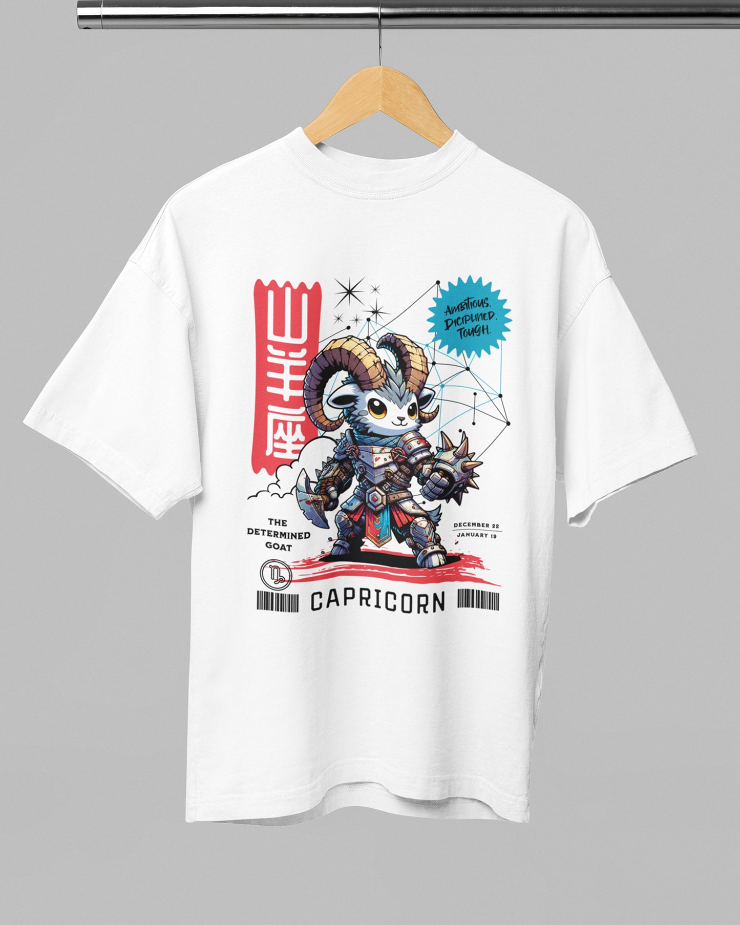 White t-shirt with Capricorn zodiac design on a hanger against a gray background