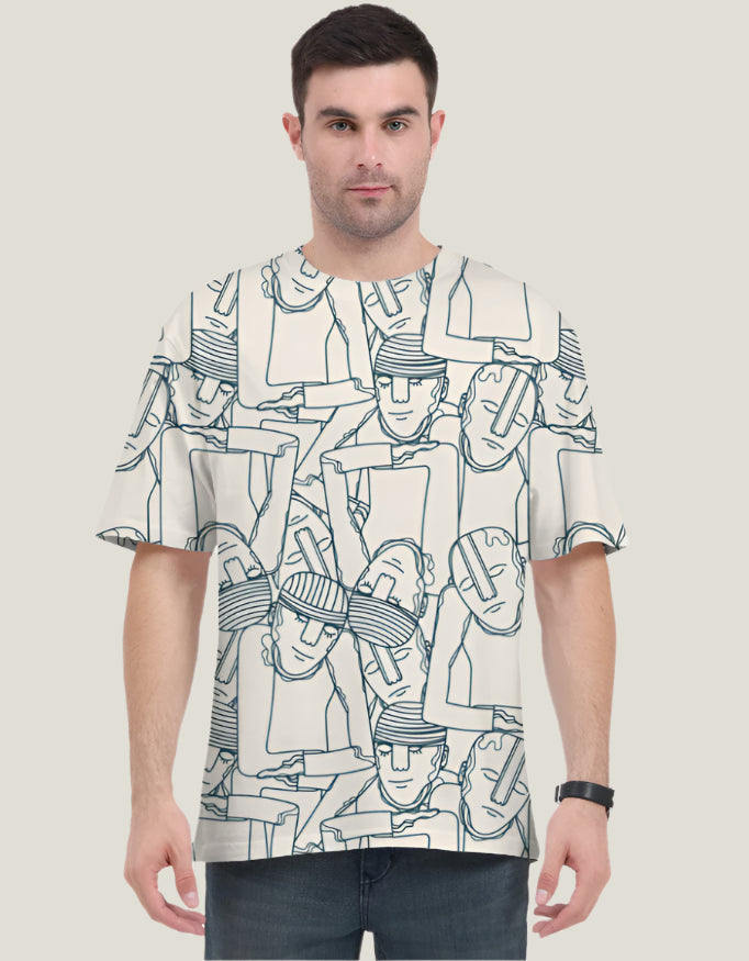 Man wearing a notch white t-shirt with black abstract pattern on a light gray background