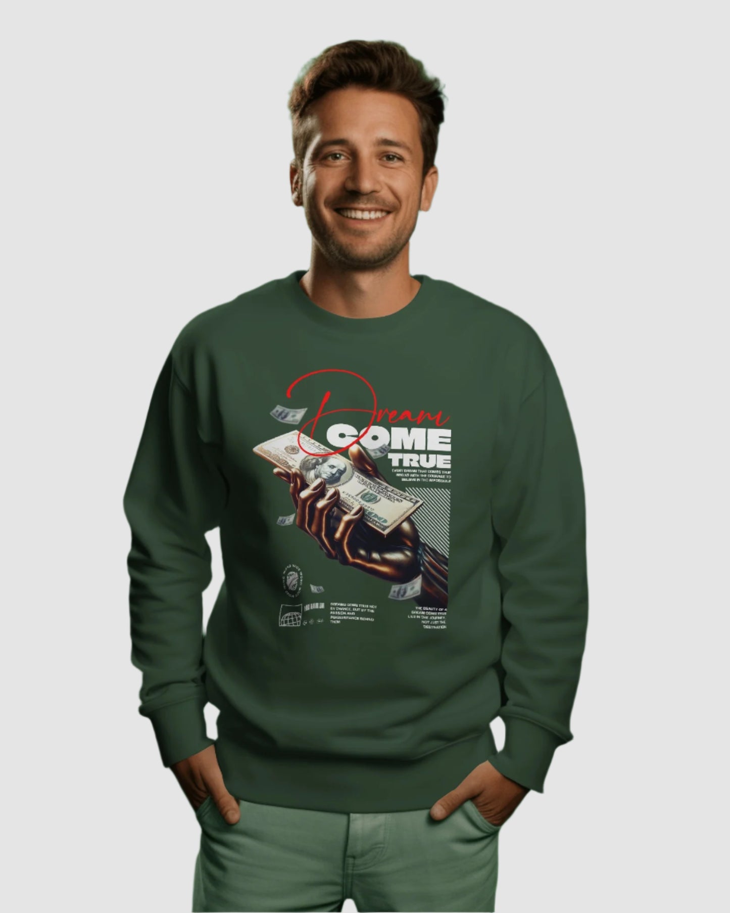 Man wearing a green sweatshirt with a graphic design on a green background