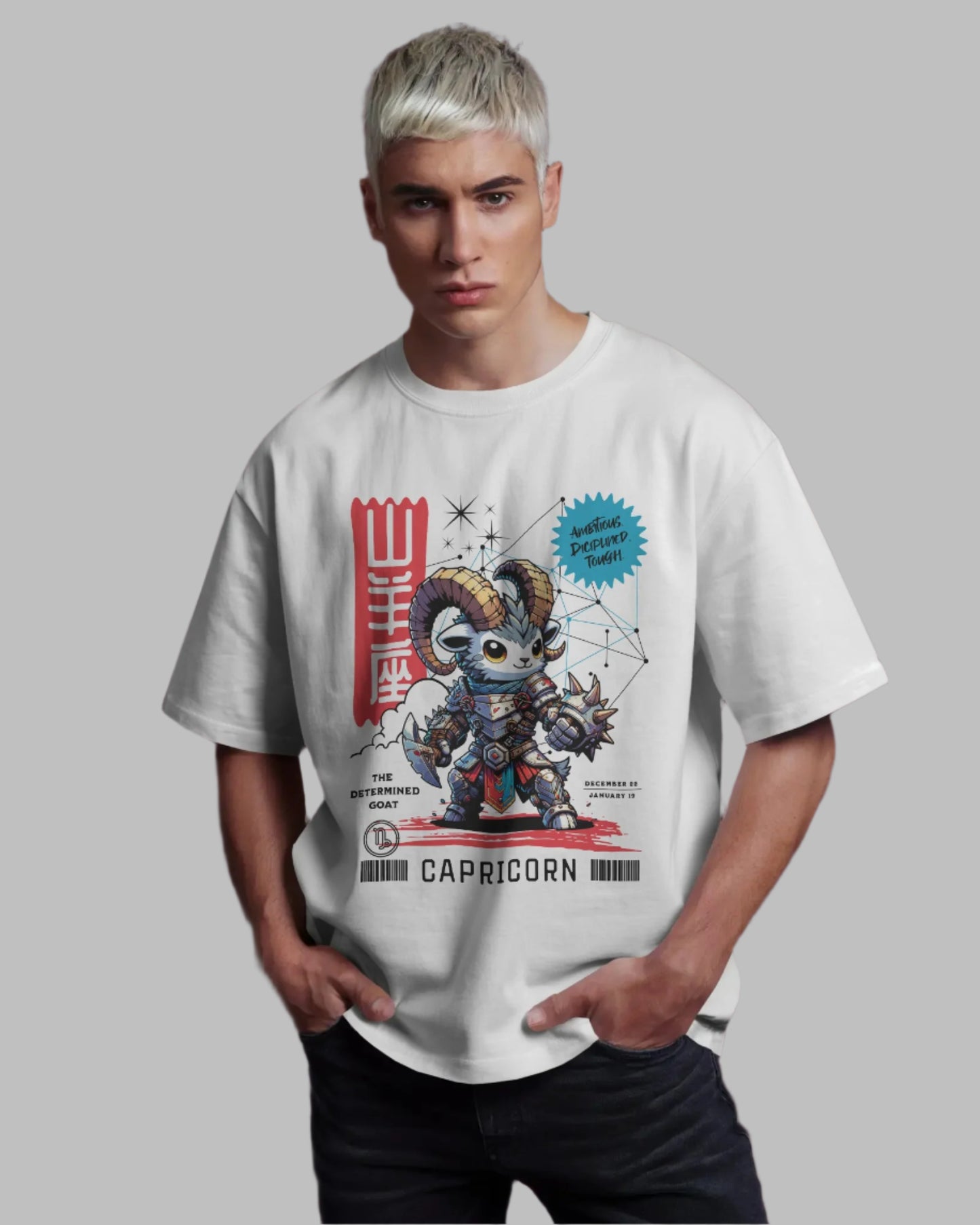 Person wearing a white t-shirt with a Capricorn zodiac design on a dark background
