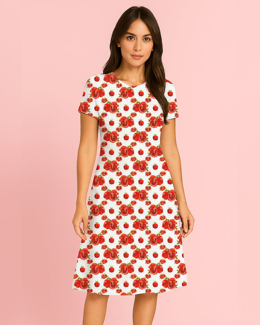 Woman wearing a white dress with red floral pattern on a pink background