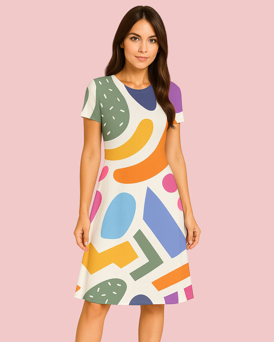 Woman wearing a colorful geometric-patterned dress on a pink background