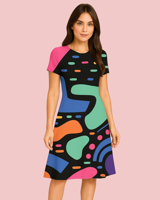 Woman wearing a colorful dress with abstract patterns on a pink background