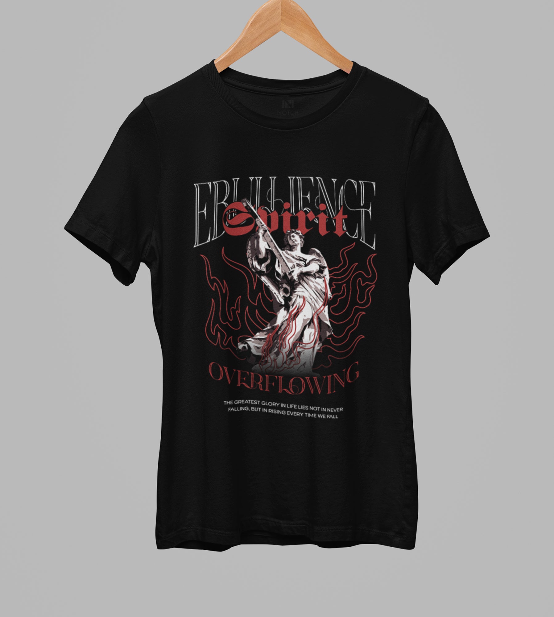 Black t-shirt with graphic design on a gray background
