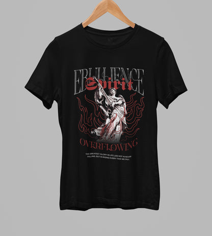 Black t-shirt with graphic design on a gray background