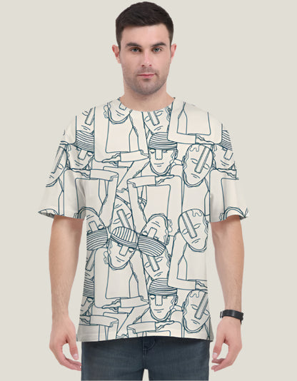 Man wearing a notch white t-shirt with black abstract pattern on a light gray background