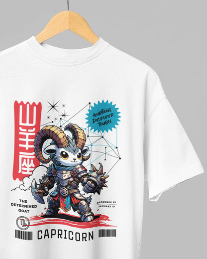 White t-shirt with Capricorn zodiac design on a hanger against a gray background