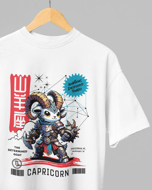 White t-shirt with Capricorn zodiac design on a hanger against a gray background
